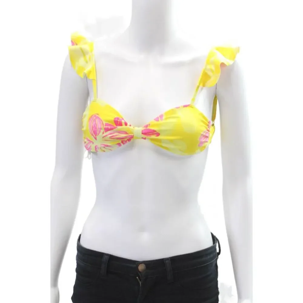 Ramy Brook Womens Swimwear Floral Print Zena Tied Bikini Top Yellow Size 2XS